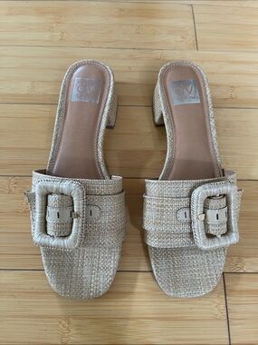 Woven Dolce Vita Raffia Buckle Slide Heels Sandals Neutral Beige 7.5